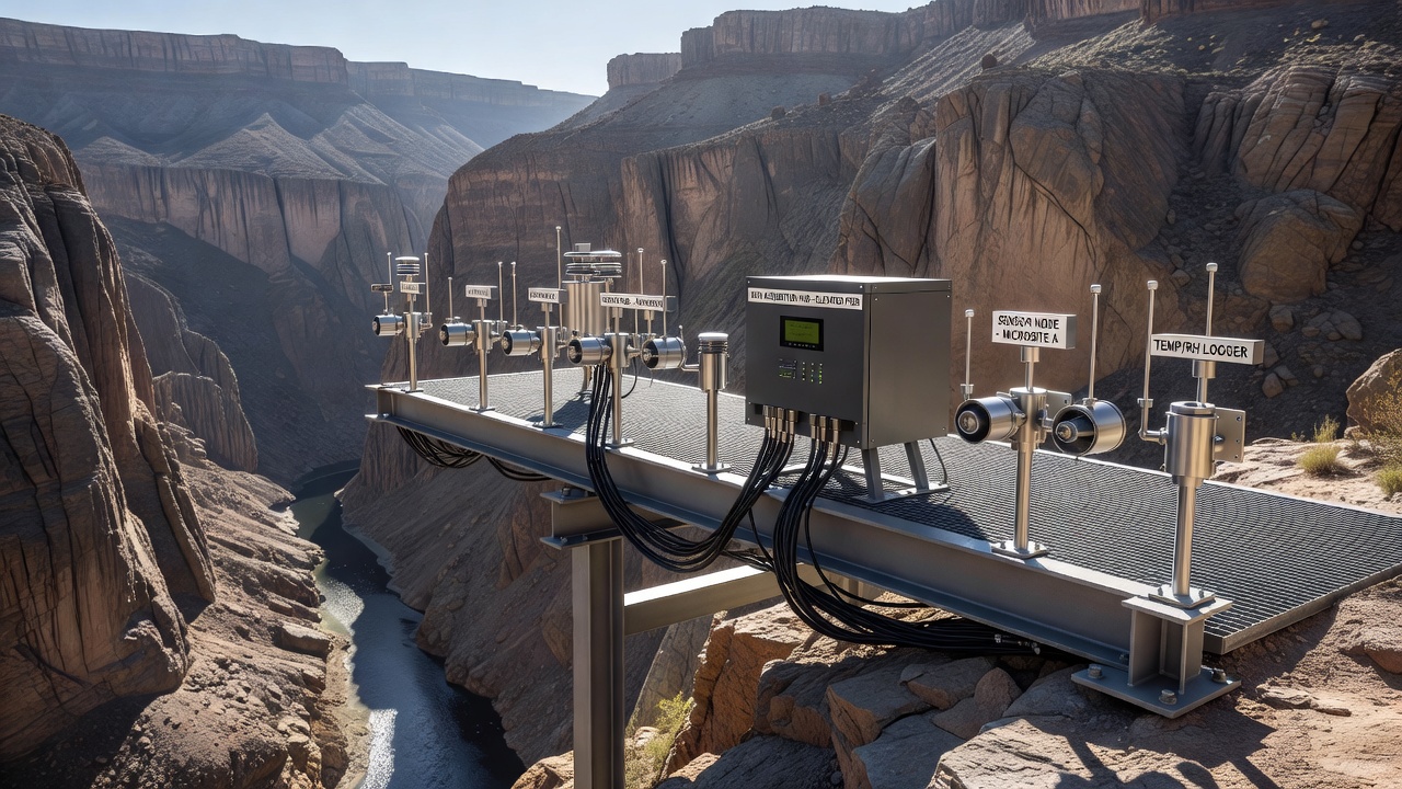 Close-up view of sensor nodes on pier framework collecting microclimate data inside a narrow canyon section with visible data transmission antennas