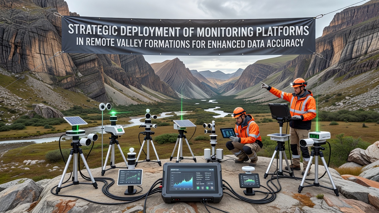 Close-up of sensor array on a monitoring platform in a valley with data loggers and solar panels